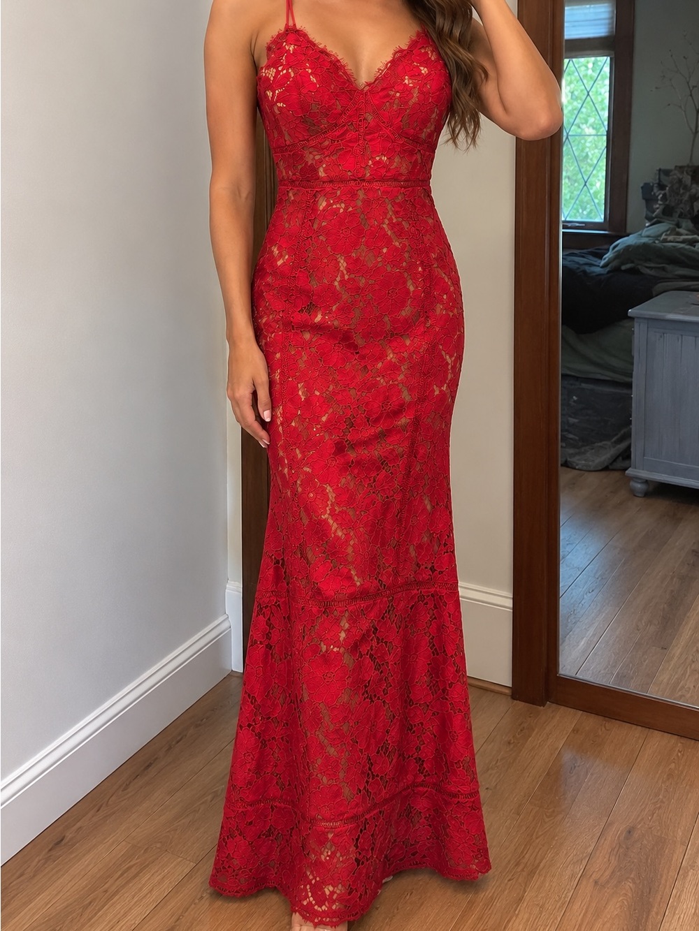 Red Lace Spaghetti-Strap Evening Gown